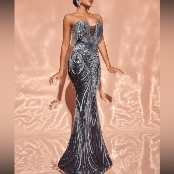 Luxe champagne mermaid hem party formal evening wedding gown dress - Picture 5 of 6